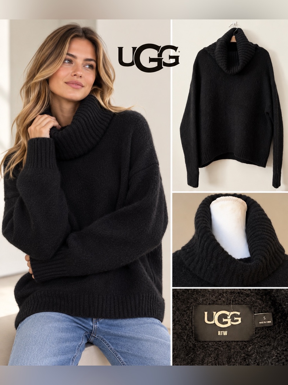 UGG Black Lylah Rollneck Chunky Neck Sweater. Alpaca Wool Blend.